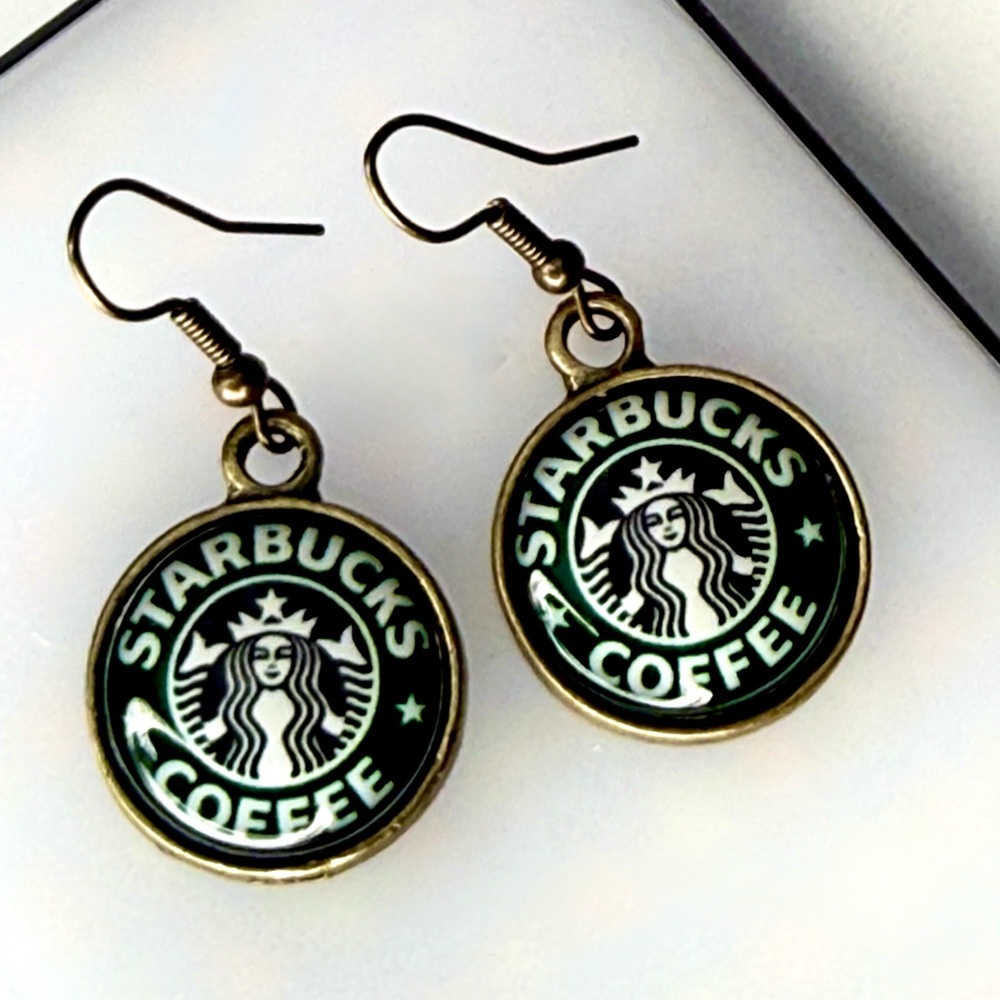 Starbucks Coffee Logo Dangle Earrings ~1” Gold Tone Hook Style